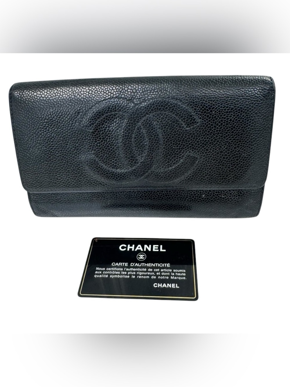 CHANEL Black Caviar Leather Flap Wallet with CC Emboss